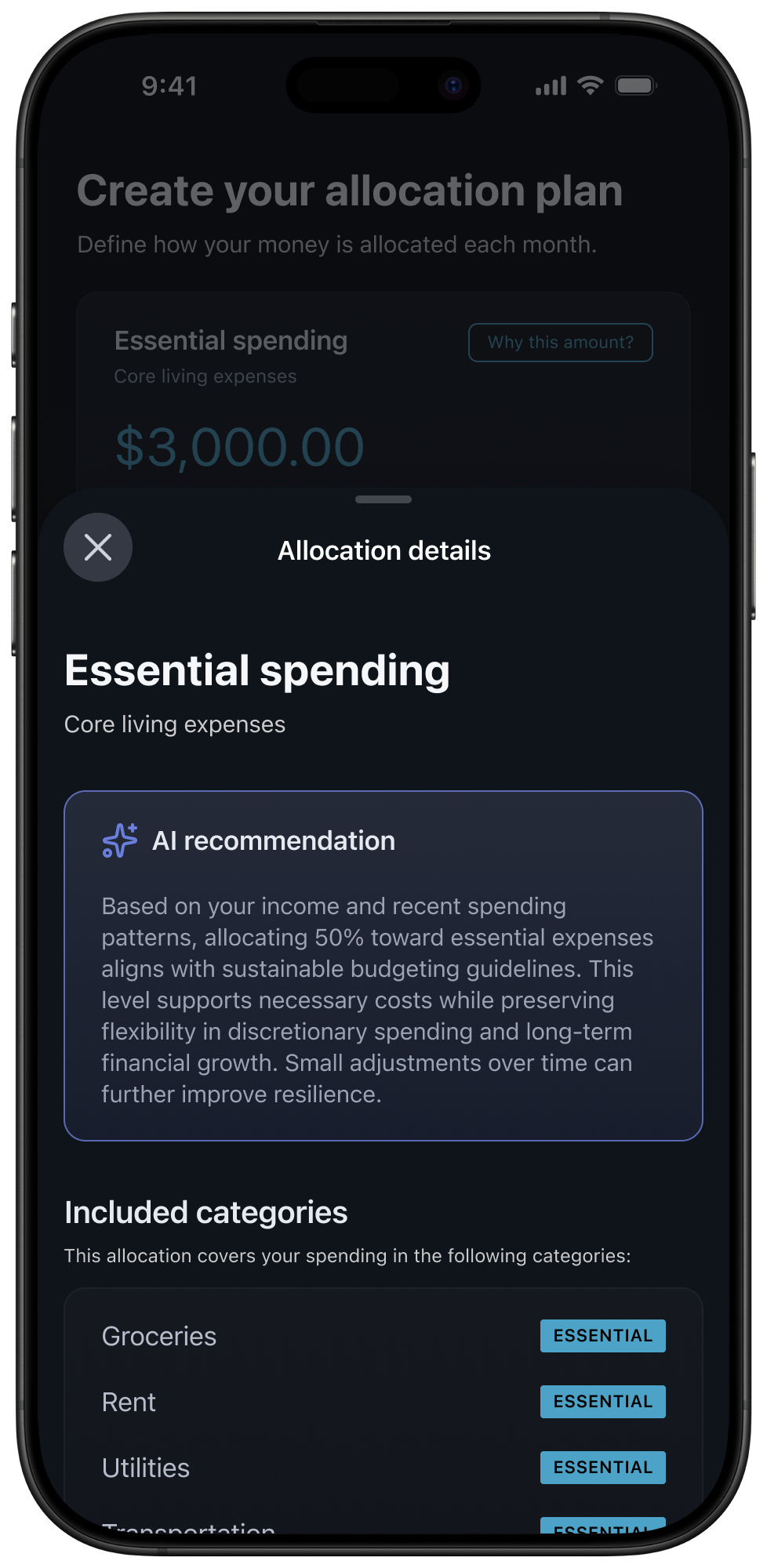 Capium allocation details sheet showing the AI recommendation and included categories
