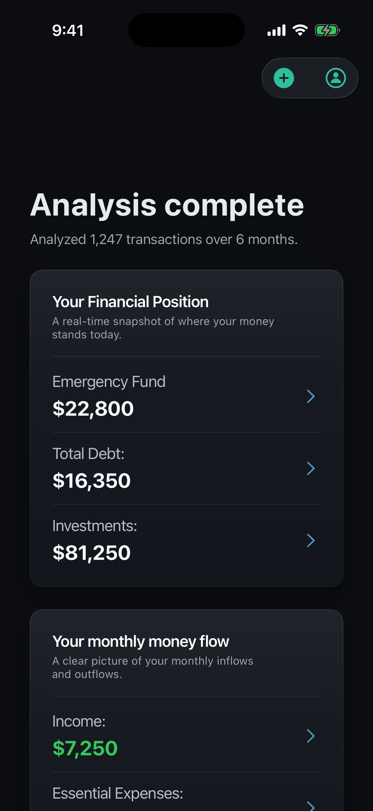 Capium analysis complete screen showing financial position