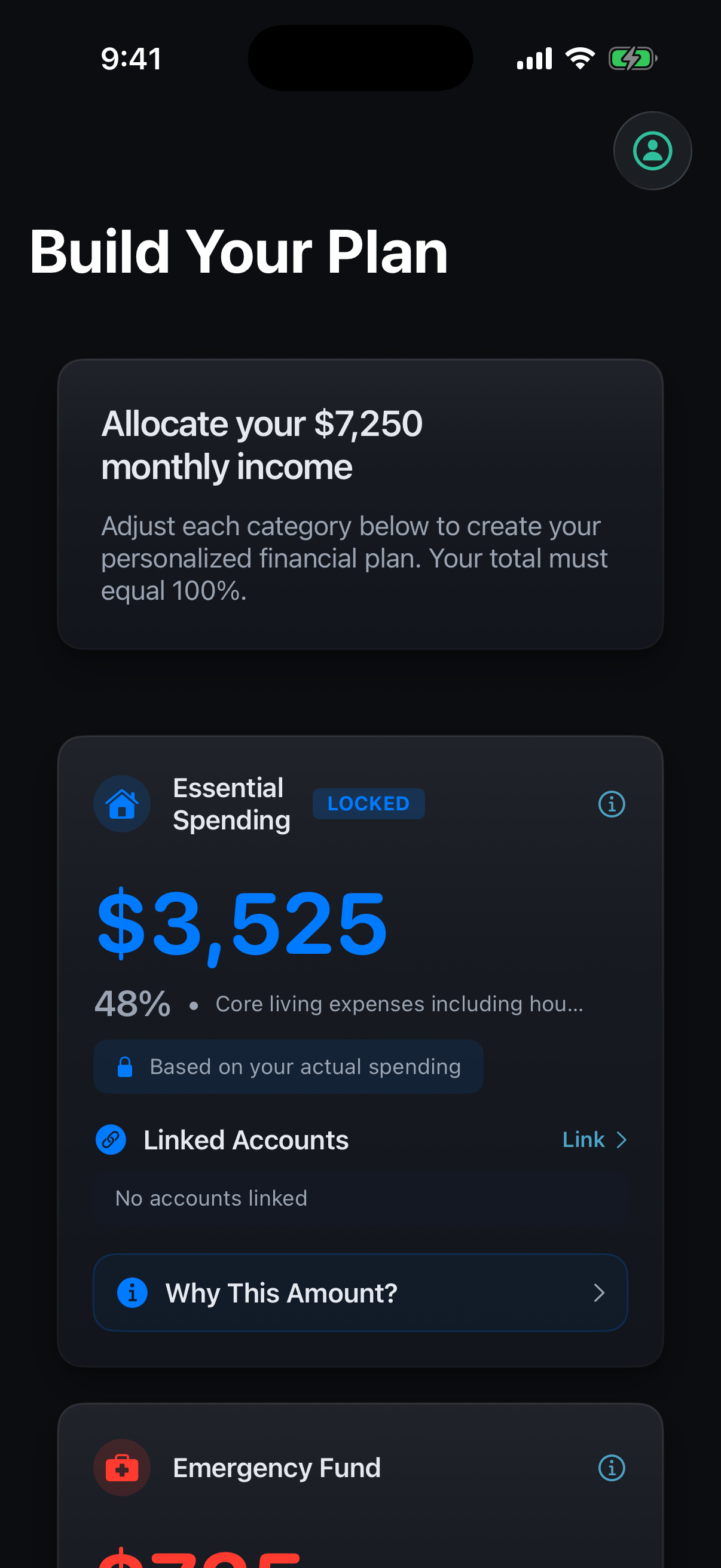 Capium Build Your Plan screen with locked essential spending and preset ranges