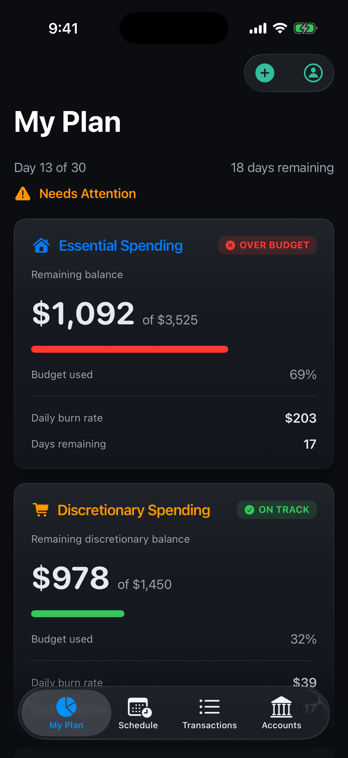 Capium My Plan screen showing allocation buckets and burn rate